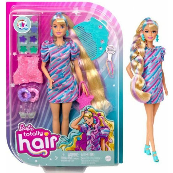 Barbie Totally Hair blondýnka v hvězdičkových šatech.jpg